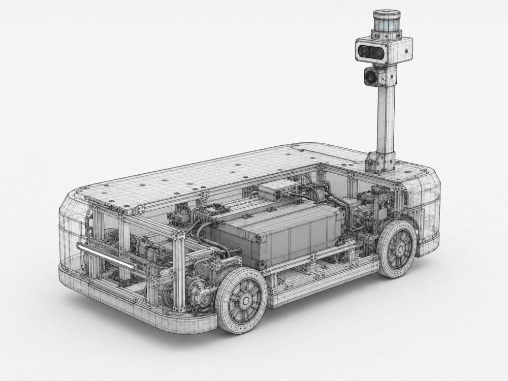 Cutaway wireframe render of the Amie chassis showing the internal frame, battery pack, drive units, wiring runs and mast mounting structure