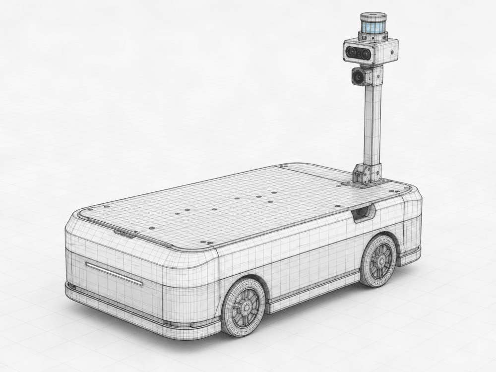 Wireframe topology render of the Amie chassis exterior in three-quarter view, showing the flat cargo deck, wheel housings and sensor mast