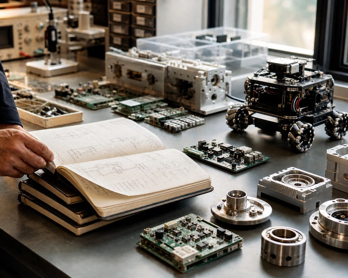 Engineering notebooks, circuit boards and robotics prototypes arranged on a working laboratory bench
