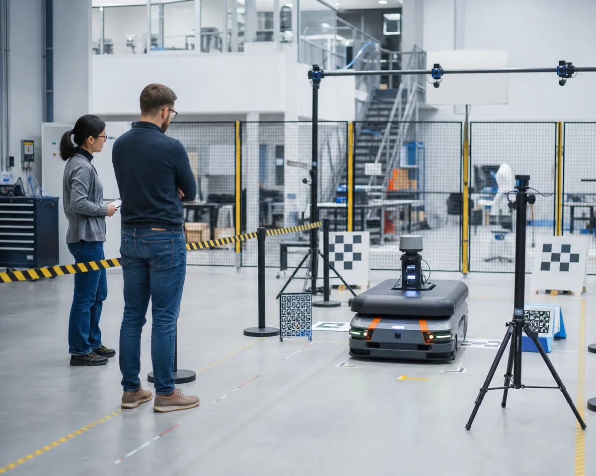 Engineers observing a mobile robotics calibration test inside a controlled laboratory cell